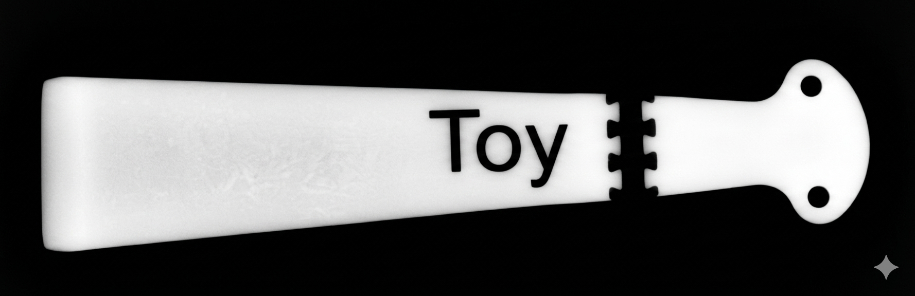 X-ray render showing the opaque tungsten loaded epoxy tip, the plastic segmentation link, and the molded TOY text